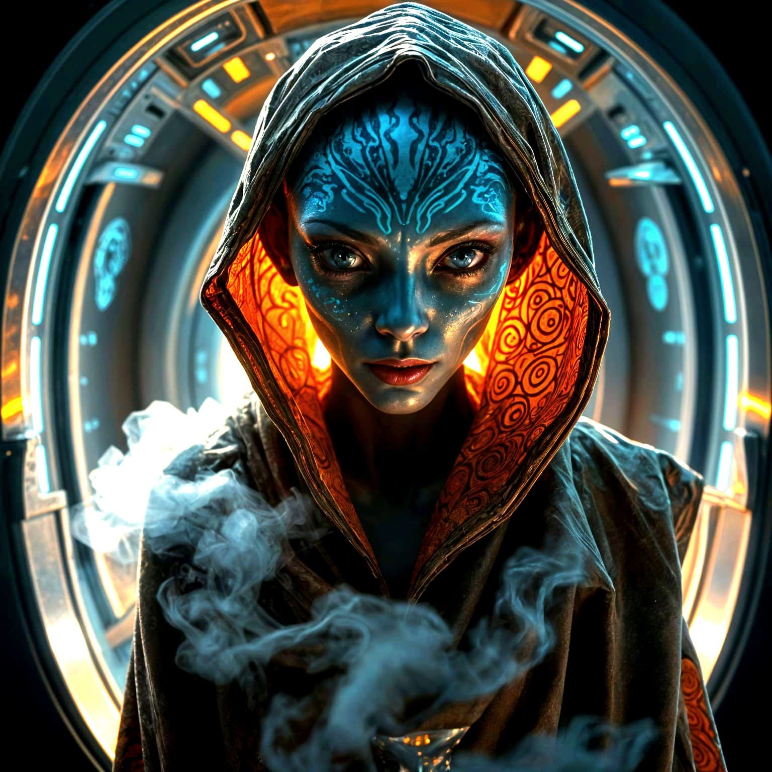 Alien Woman Emerges from Cosmic Spacecraft in Iridescent Glo...