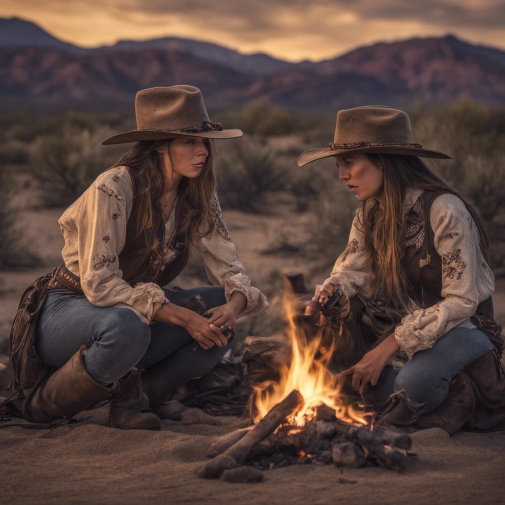 Cowgirls at Desert Campfire in the Wolf Hour