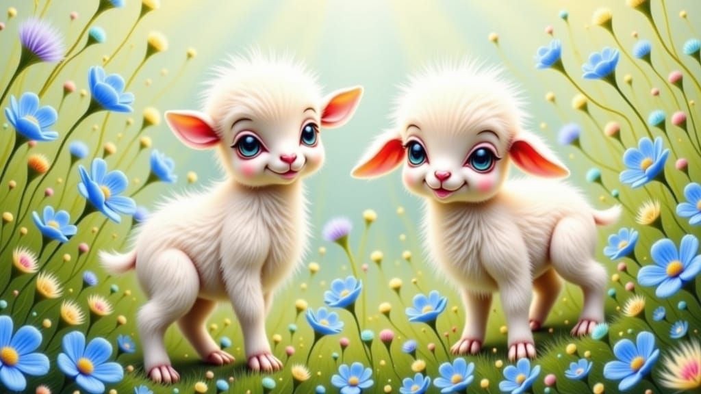 Two Adorable Baby Sheep in a Whimsical Meadow
