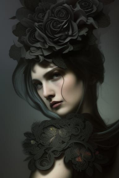 Ornate Floral Tattoo Portrait in Black Ink