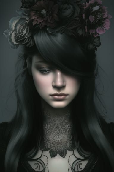 Ornate Floral Tattoo Portrait in Blackwork Style