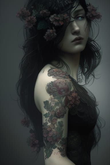 Ornate Floral Tattoo Portrait in Blackwork Style