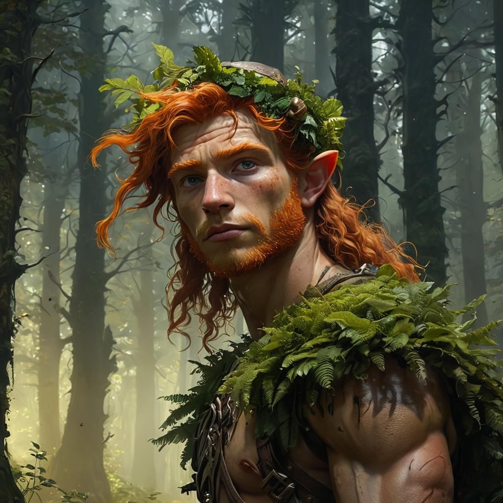 Ginger elf standing in a forest clearing