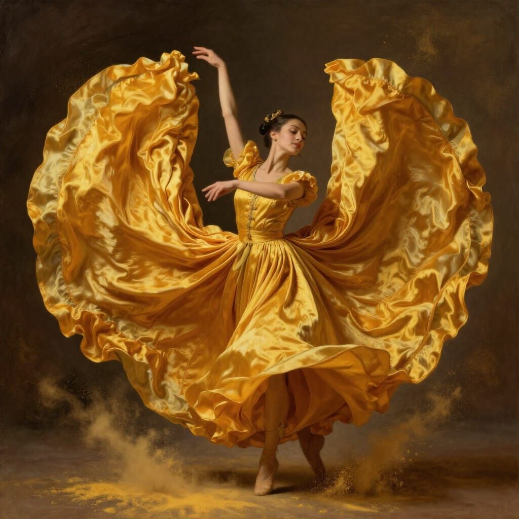Baroque Dancer in Flowing Saffron Silk