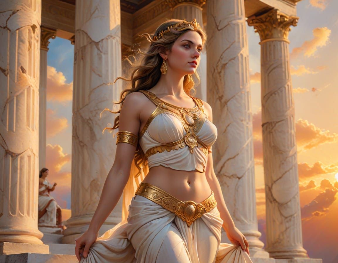 Goddess on Temple Steps in Oil Painting Style