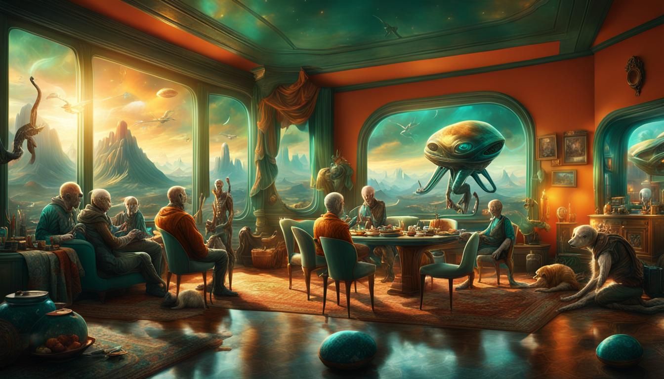 Extraterrestrial Aliens Dining in Living Room