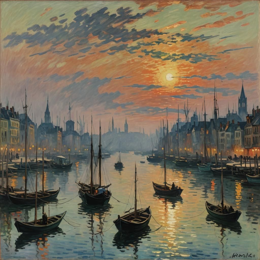 Monet-Style Sunset Harbor with Fishing Boats