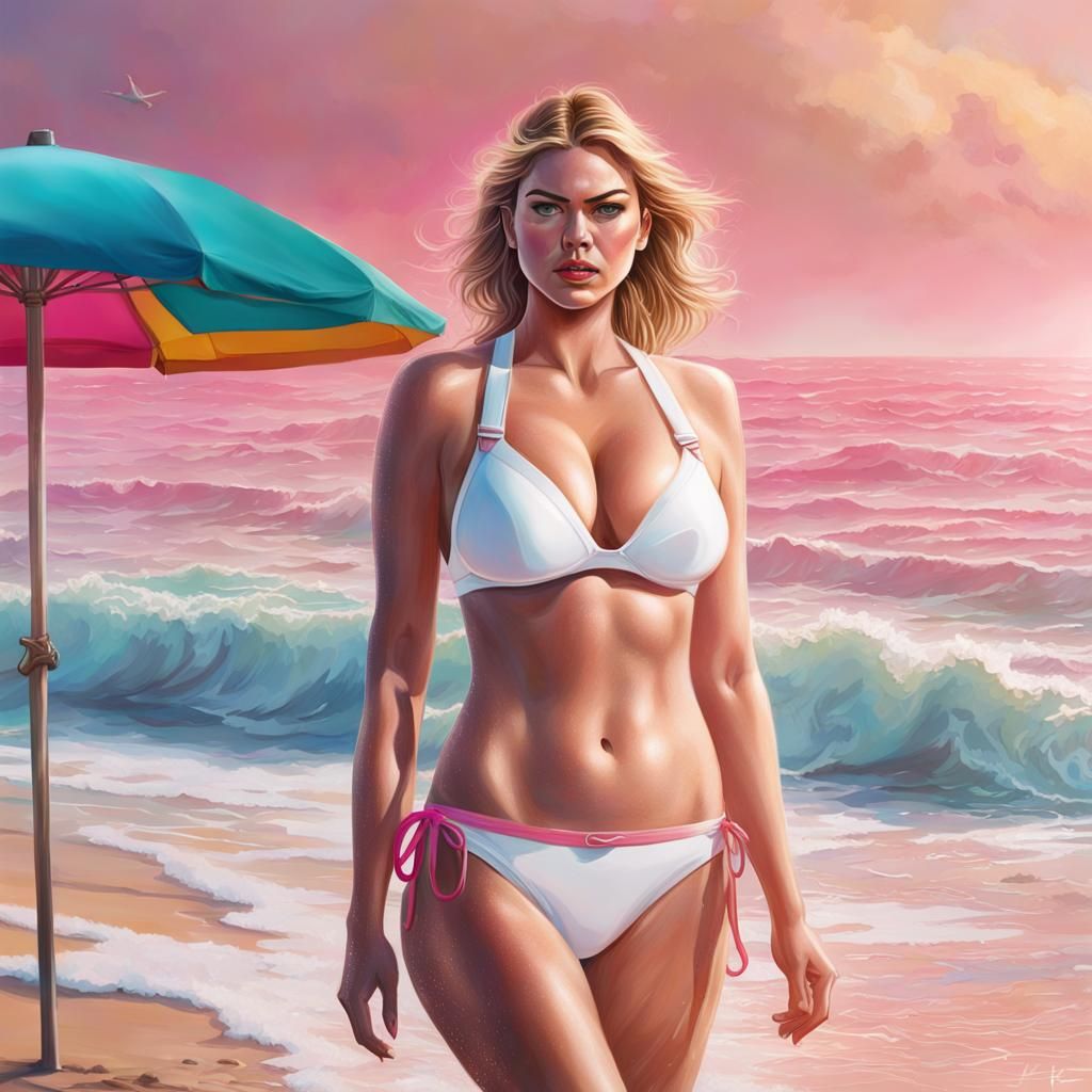 Hyperrealistic Woman in White Bikini on Beach