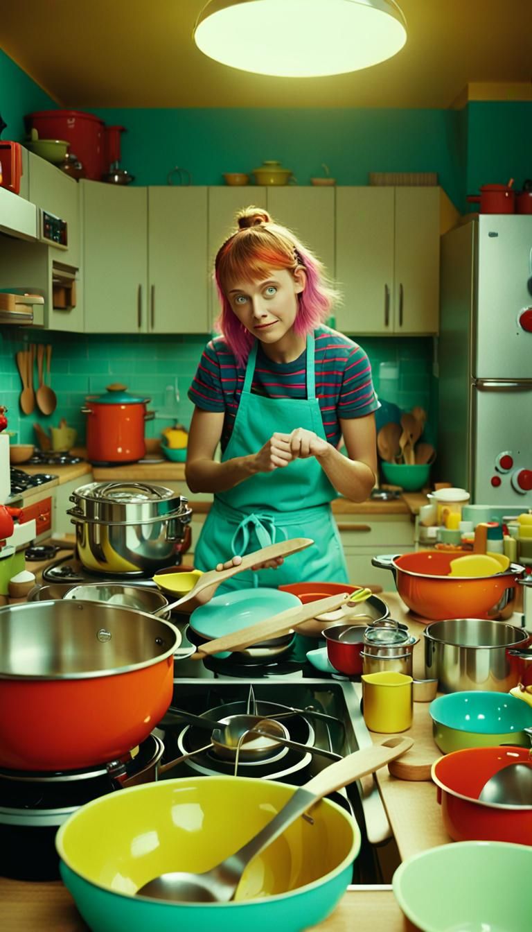 Chaotic Kitchen Scene in Pop Art Style