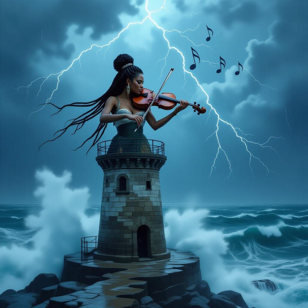 Afro-Latina Violinist on Lighthouse Amid Stormy Seas