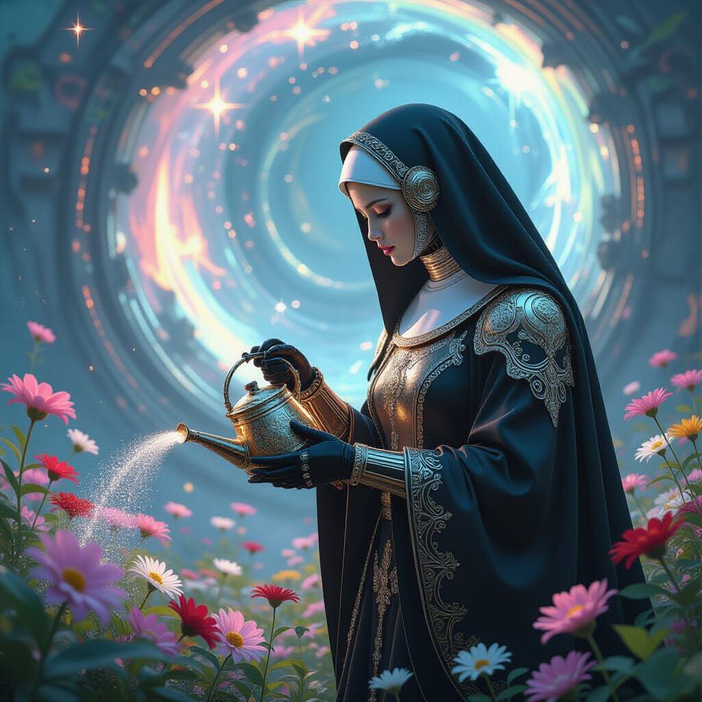 Robot Nun Tending Starflower Garden in Cosmic Style