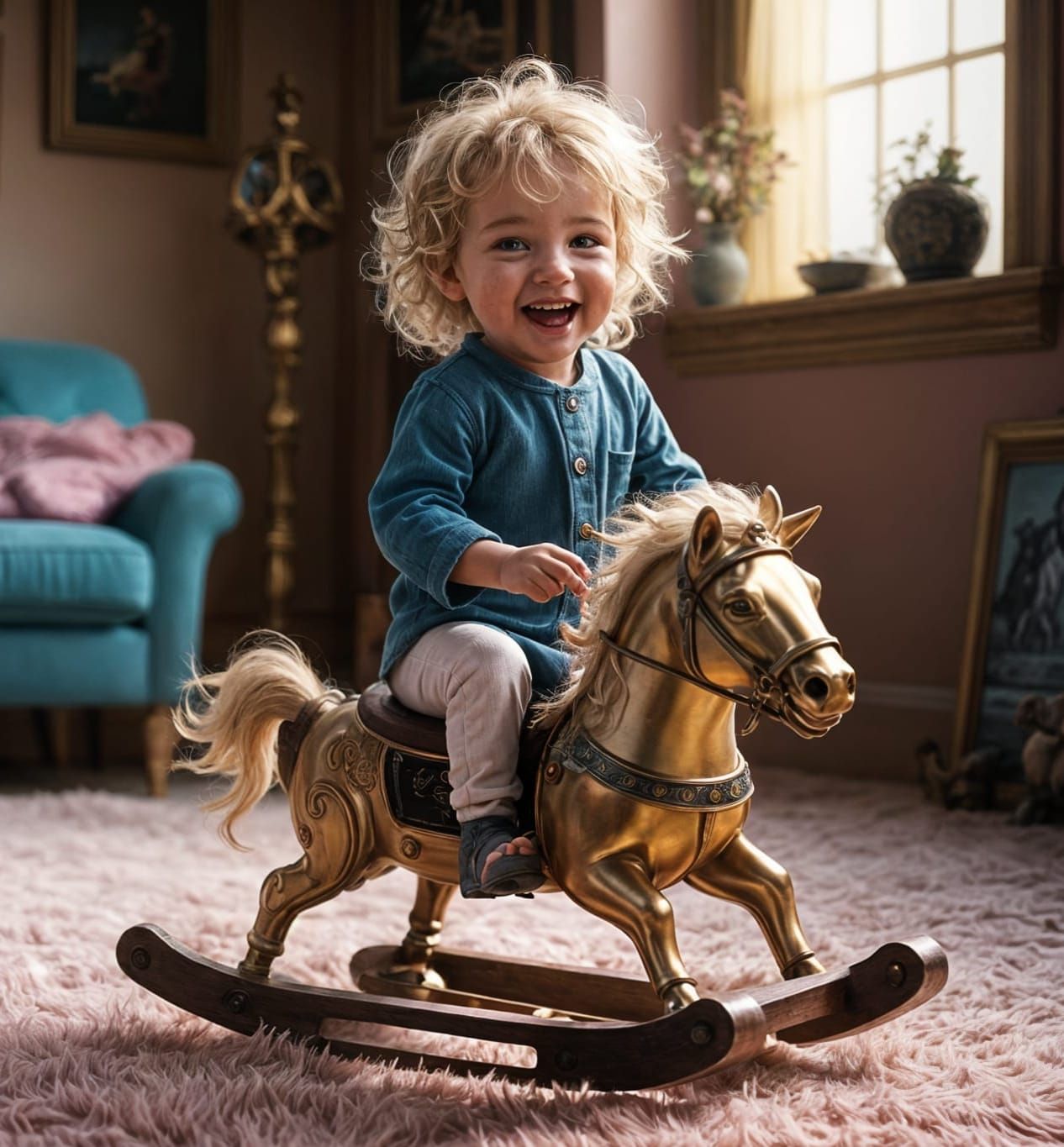 Long golden curly-haired toddler laughing on antique wooden ...