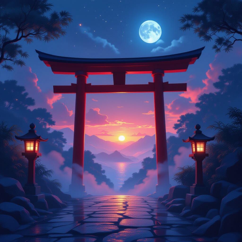 Mystical Torii Gate Portal at Sunset or Moonlight