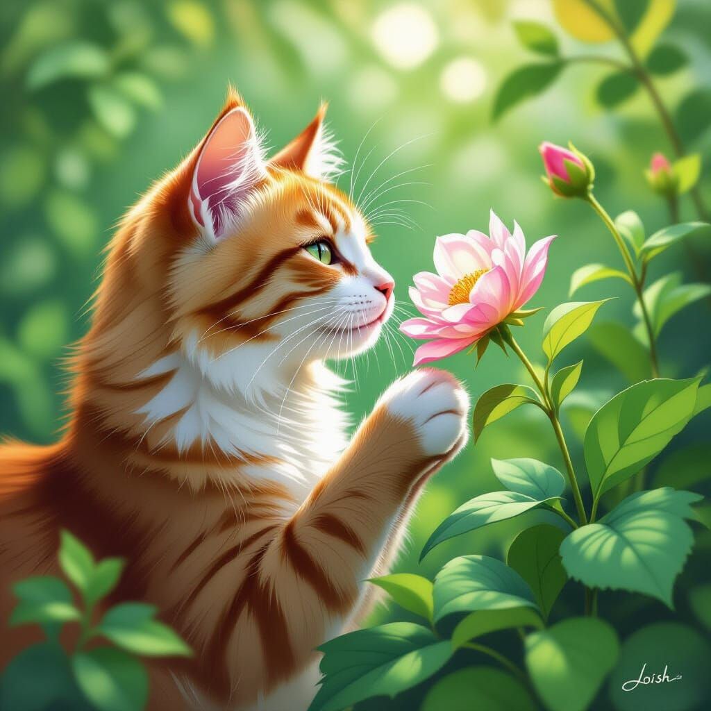 Cat Sniffs Flower in Art Nouveau Style