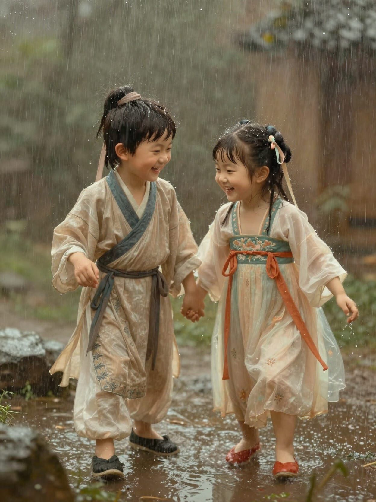 Nostalgic Oil Painting of Children Playing in Rain