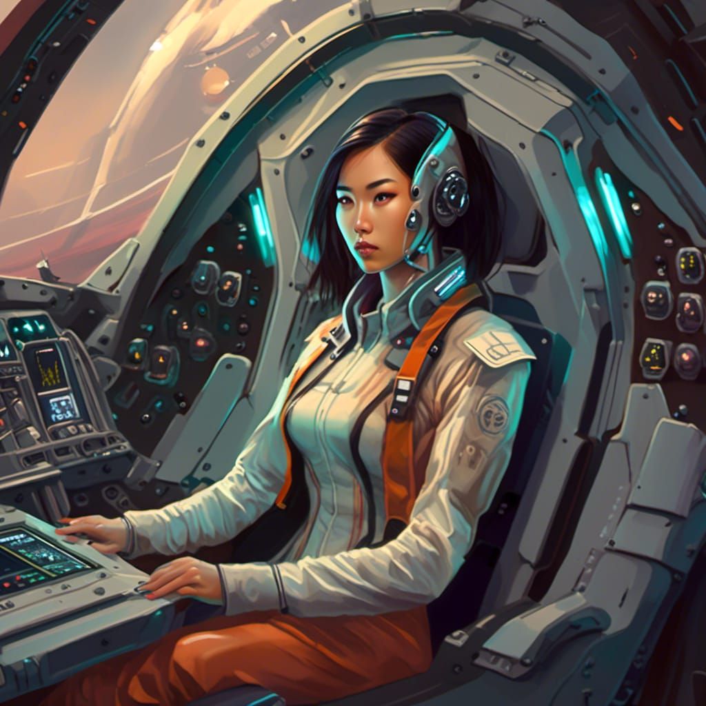 Asian Android Pilot in Sci-Fi Spaceship