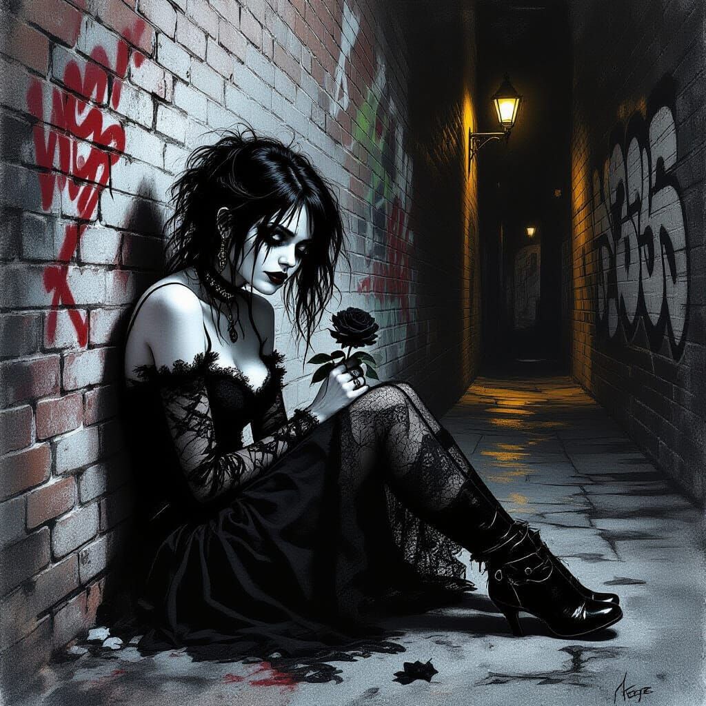 Defeated Goth Woman in Moody Charcoal Sketch Style