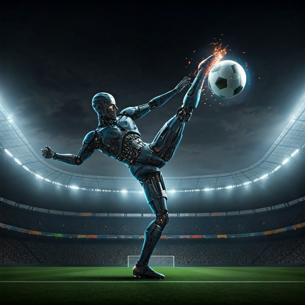 Cyborg Soccer Player Bicycle Kick in Cyberpunk Style