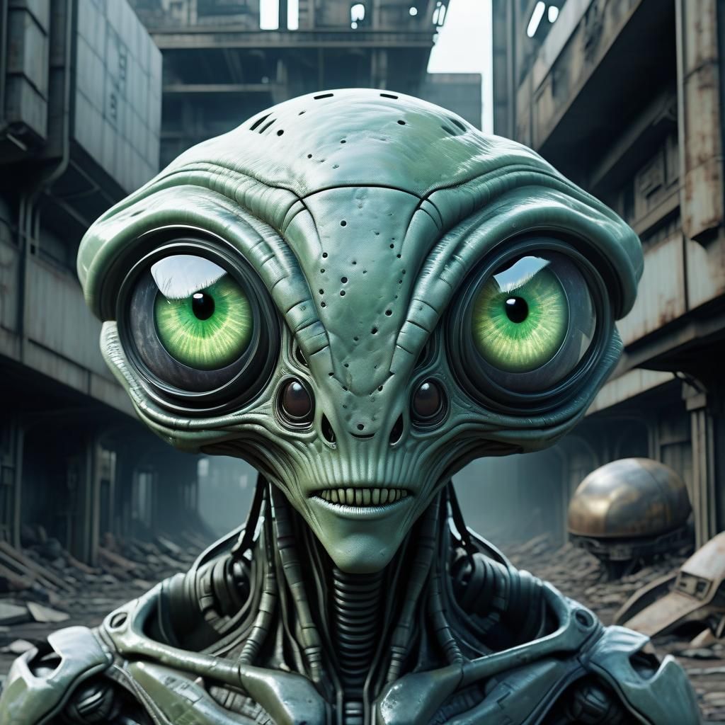 Anime Alien in Dystopian Sci-Fi Landscape