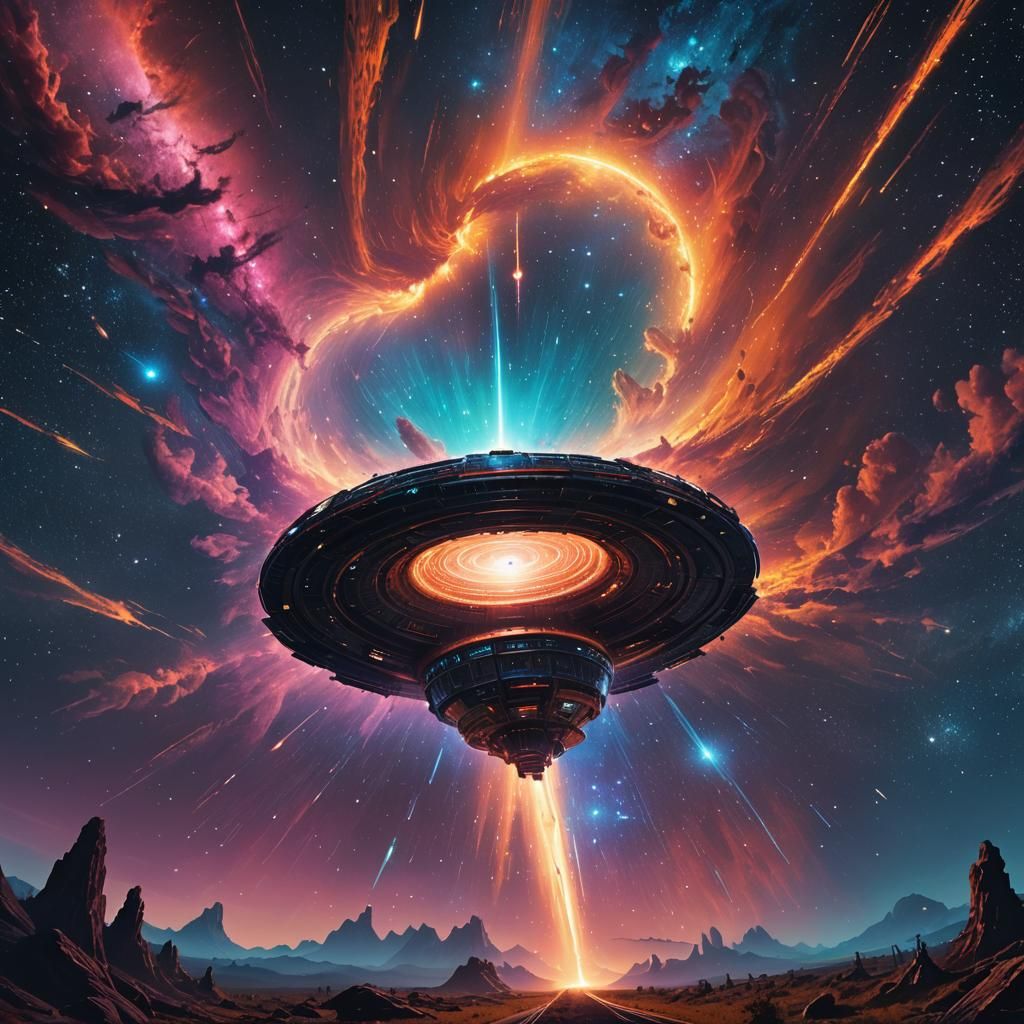 Spaceship Approaches Glowing Wormhole in Nebula