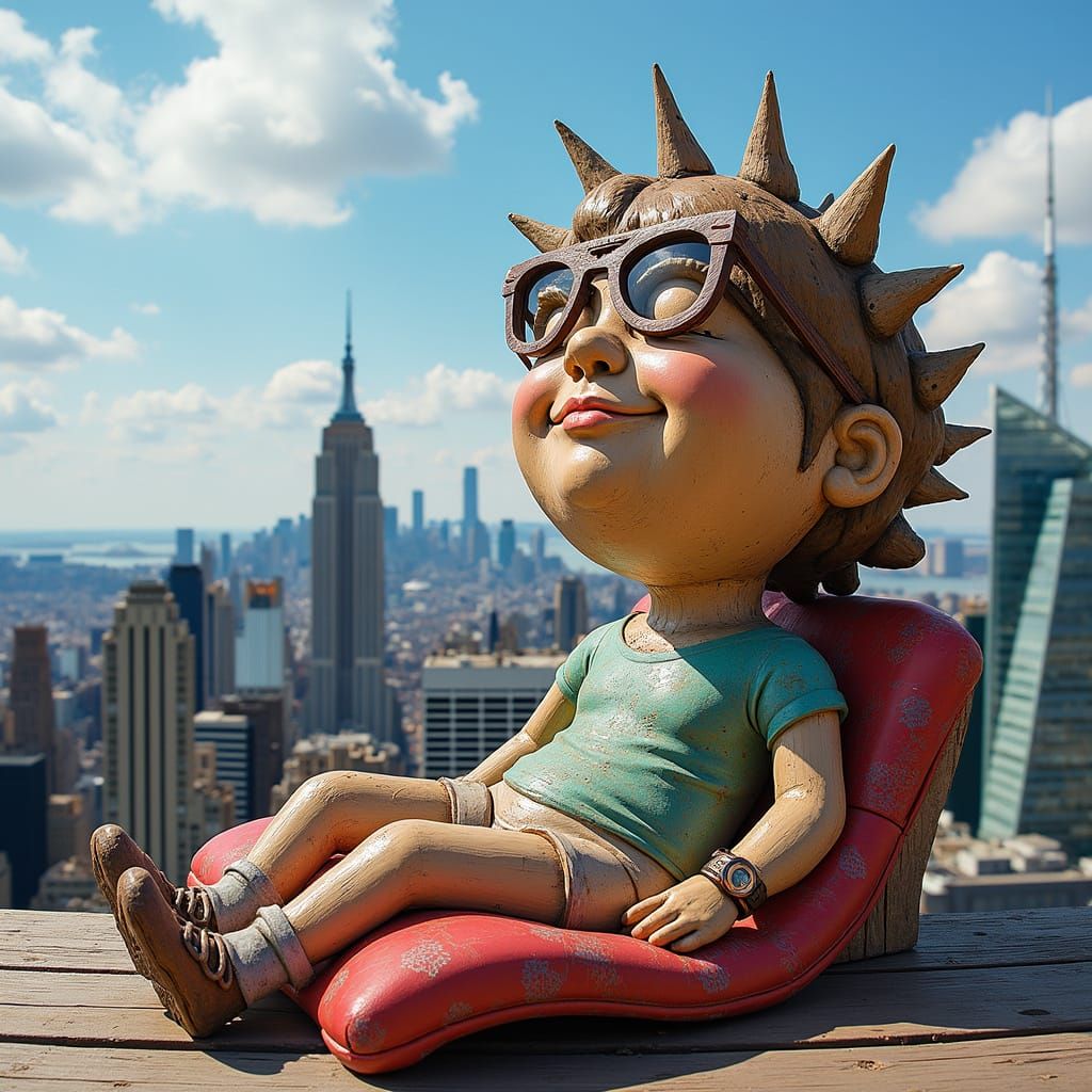 TikTok Character Relaxing on Skyscraper: Pop Art Style