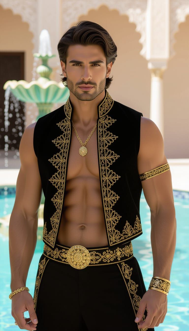 Elegant Man in Gold-Embroidered Vest in Courtyard