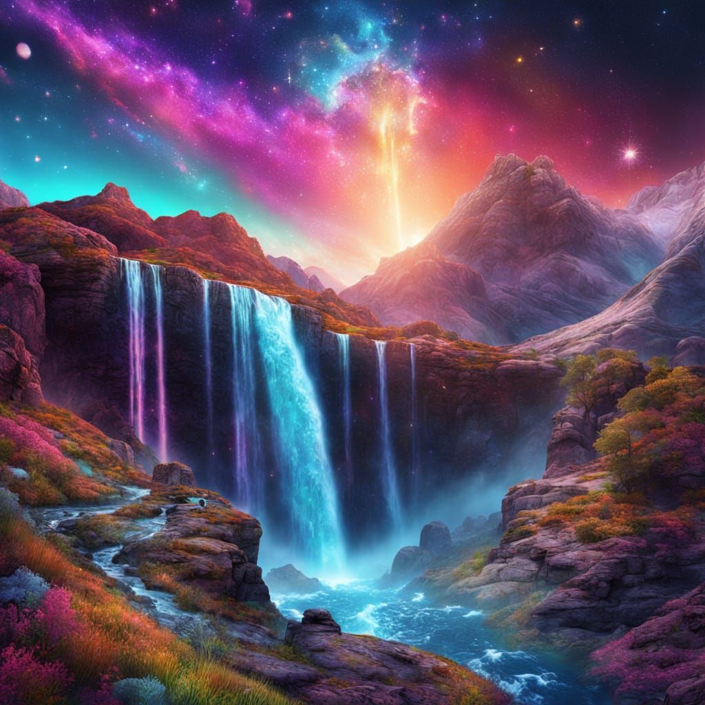 Cosmic Waterfall Illustration in Astral Style