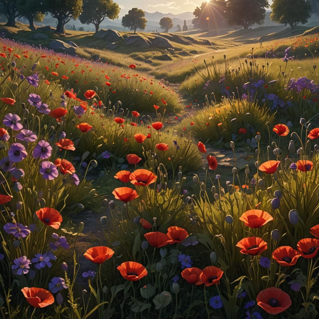 Poppy Meadow at Sunrise in Dark Fantasy Style