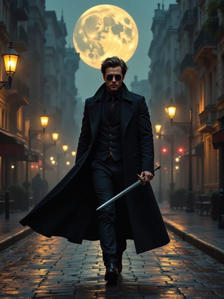 Mysterious Swordsman in Foggy City, Noir-Fantasy Portrait