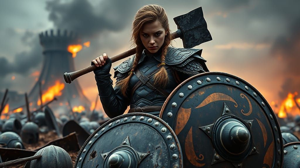 Hyperrealistic Norse Valkyrie on Battlefield of Broken Shiel...