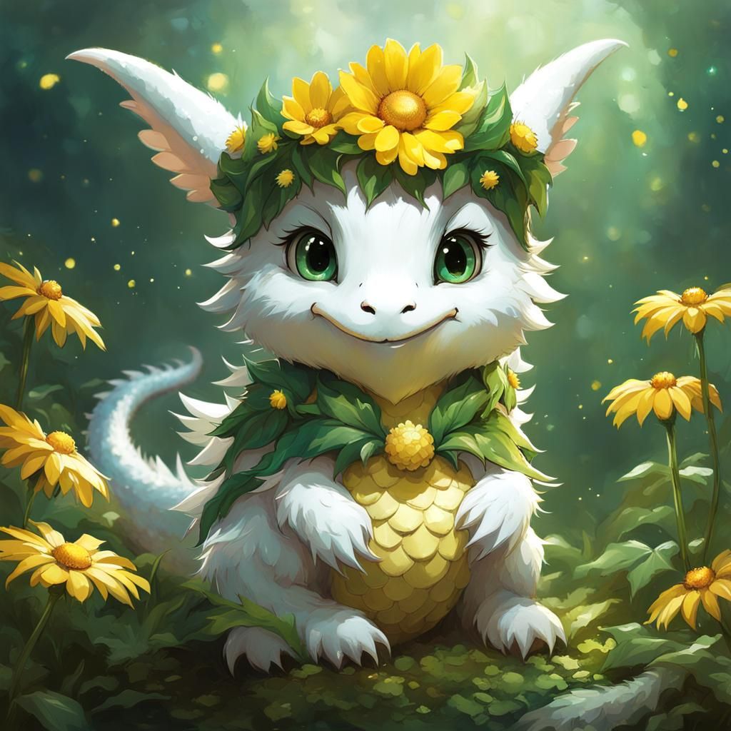 Charming Baby Dragon with Daisy Crown: Detailed Digital Art