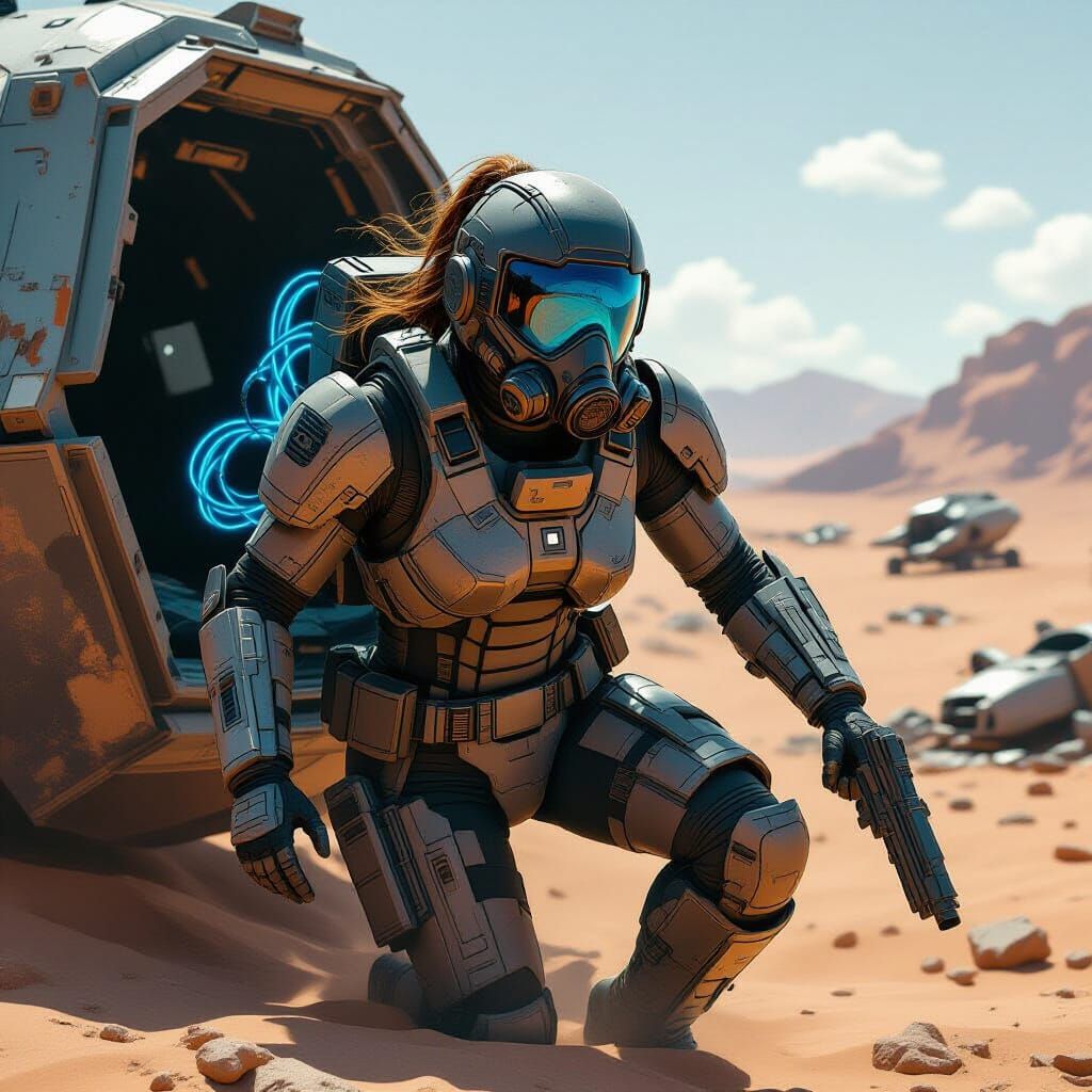 Armored Woman in Crashed Shuttle, Dystopian Sci-Fi Art