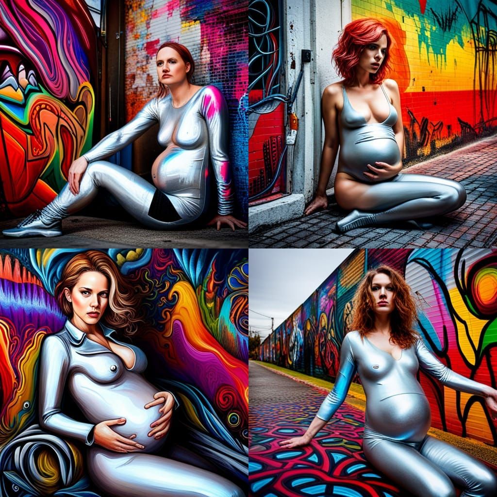 Pregnant Portrait in Silver Catsuit: Graffiti Art