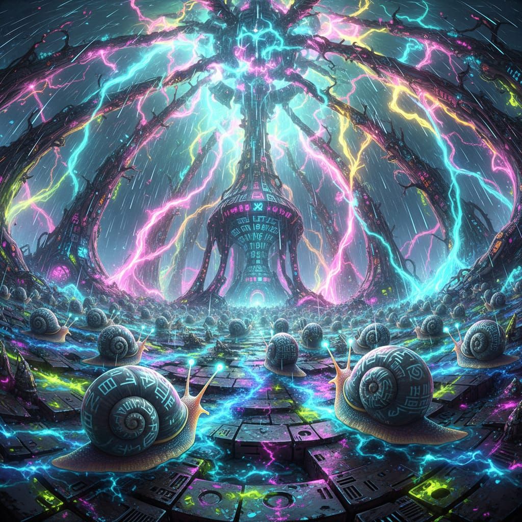 Neon Grey Snailiens in an Enormified Neonstorm