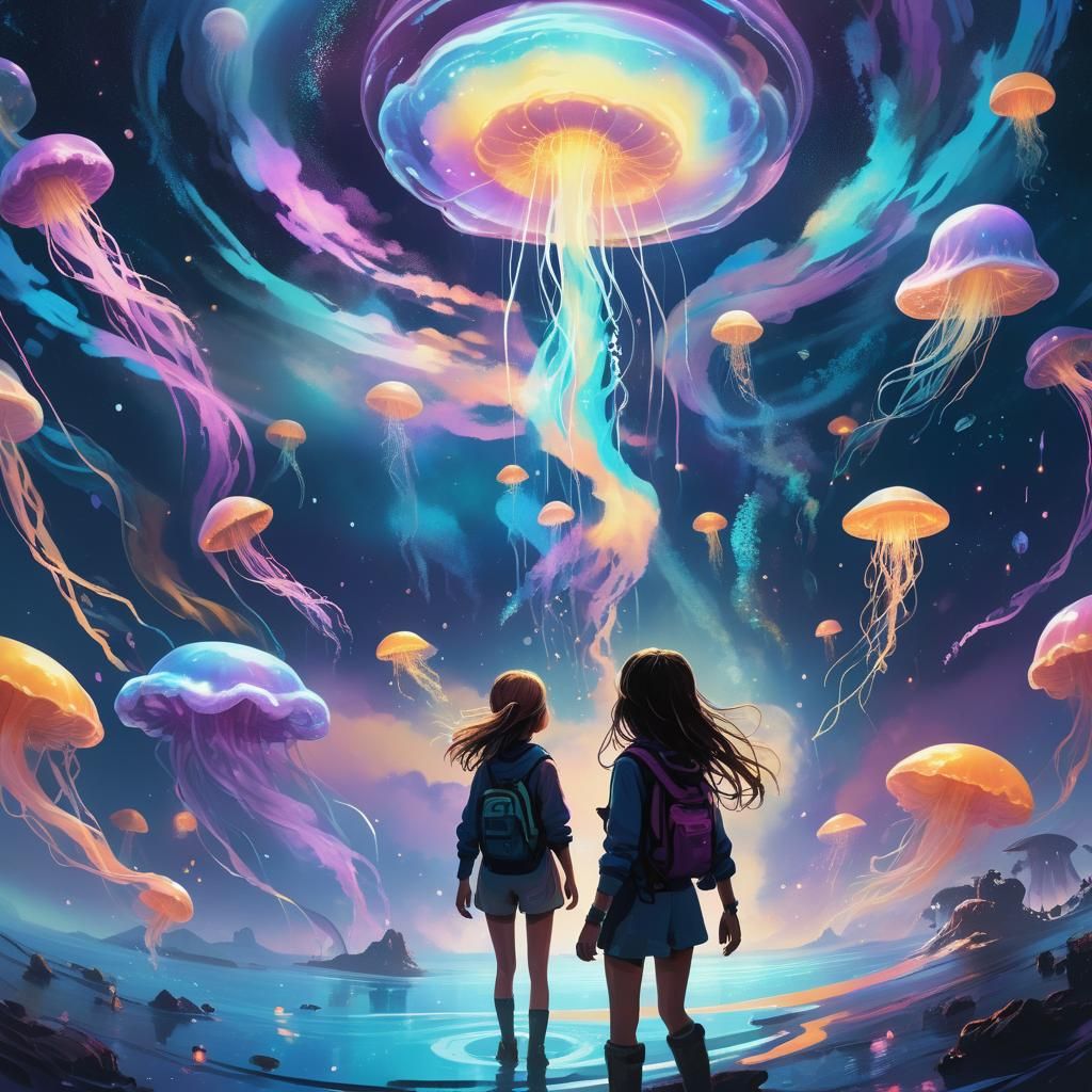 Ethereal Girl Floating in Vortex of Clouds