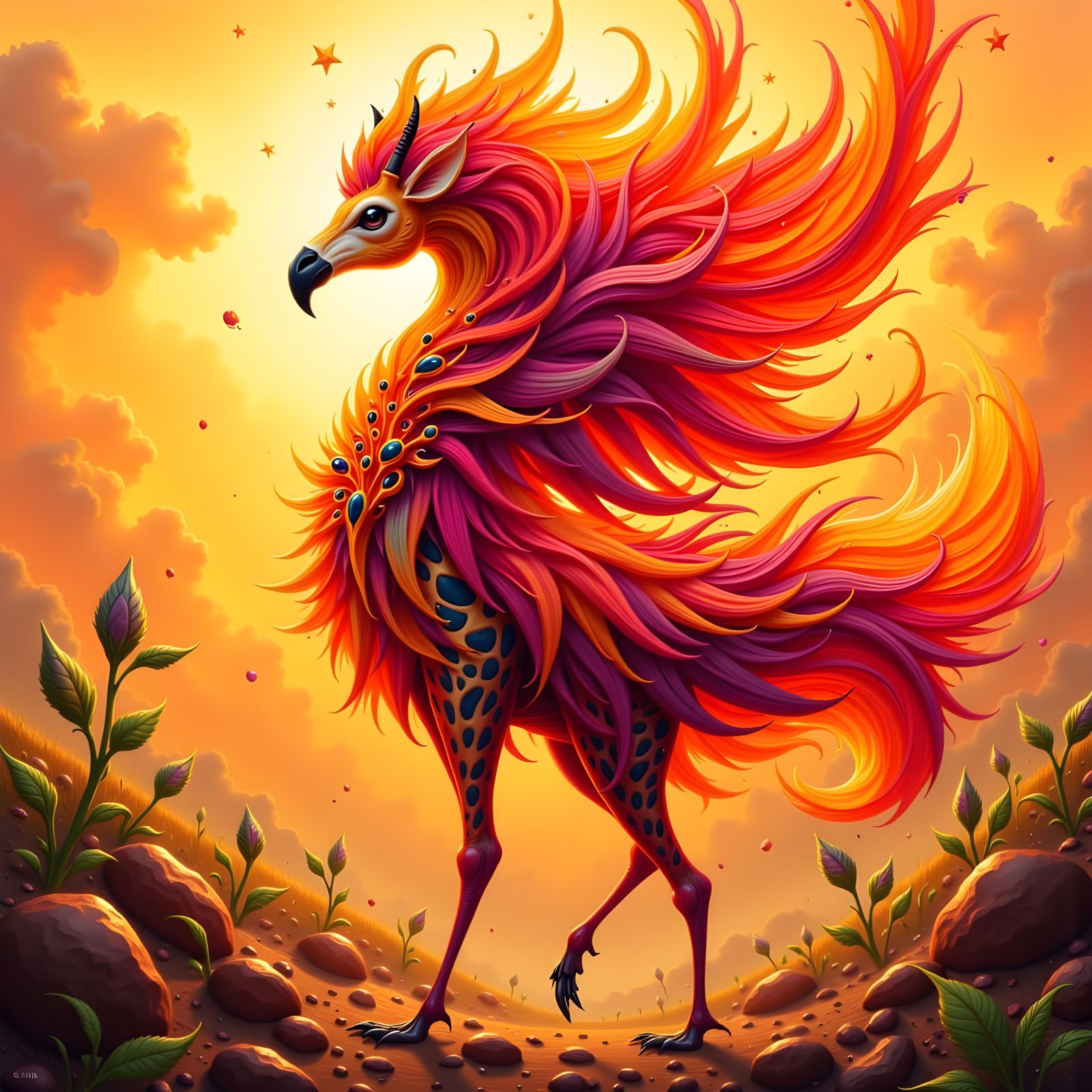 Flamingo-Giraffe Hybrid Roams Sunset Savannah