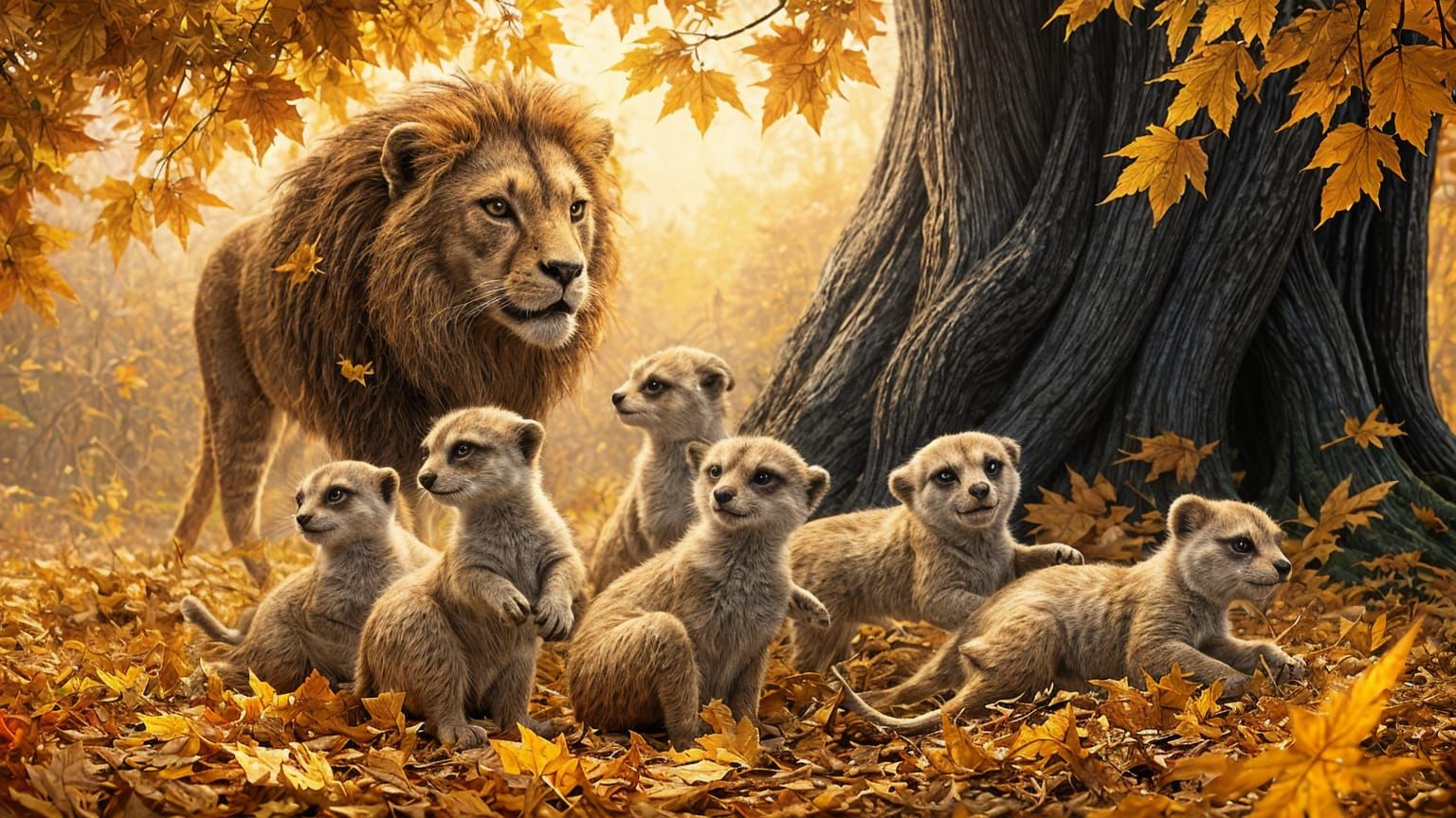 Playful Meerkats Frolic in Autumn Leaves Watched by Lion