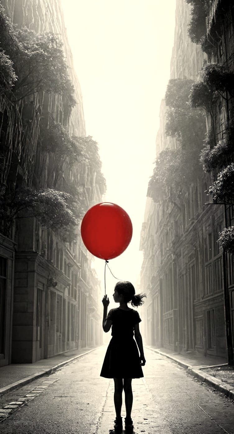 Girl with Red Balloon in Black and White