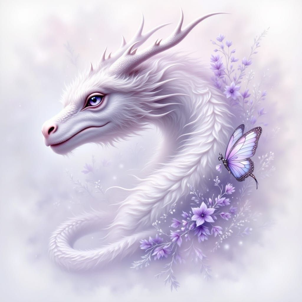 Mystical Dragon Over Fairy in Lavender and White