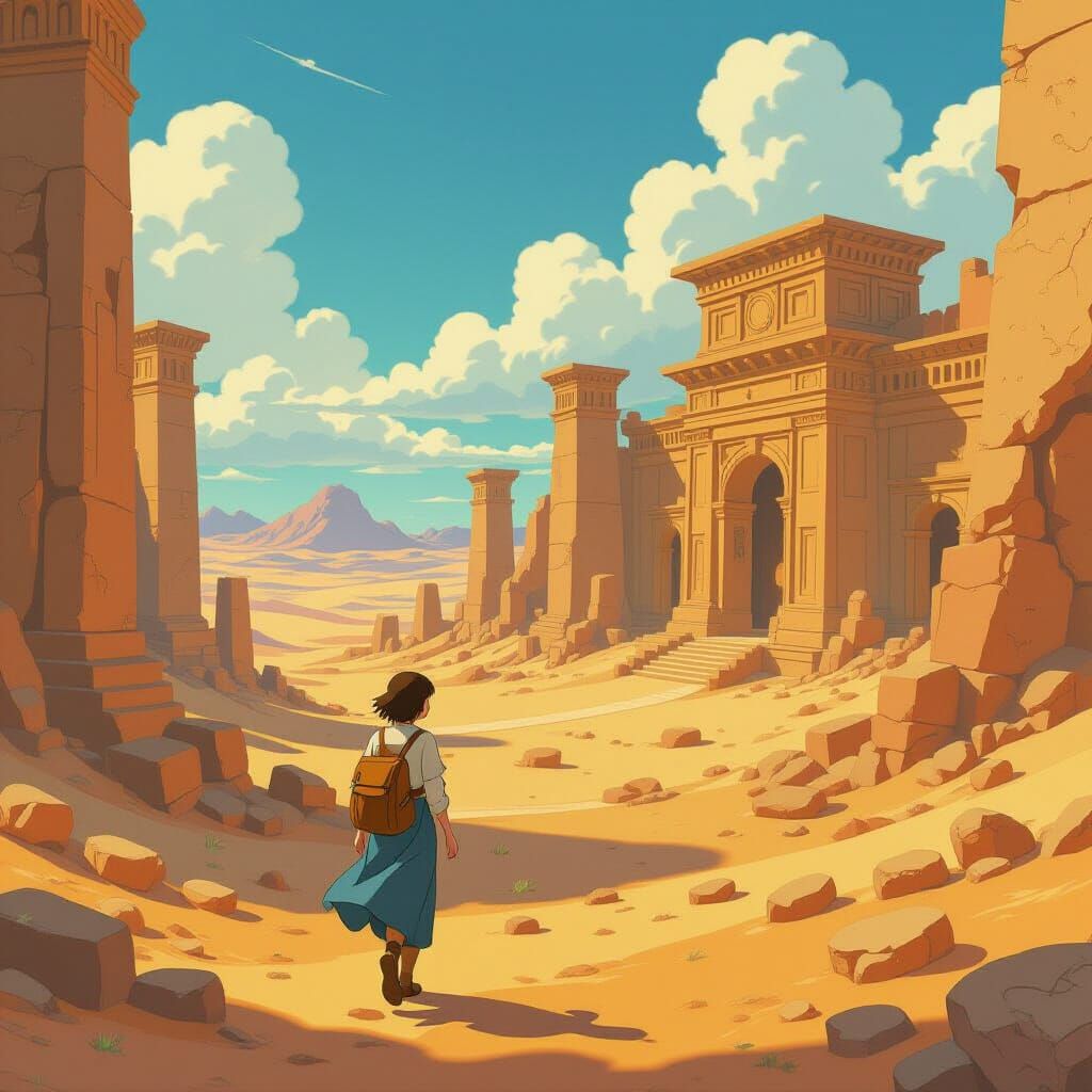 Young Traveler in Lost City, Ghibli Style