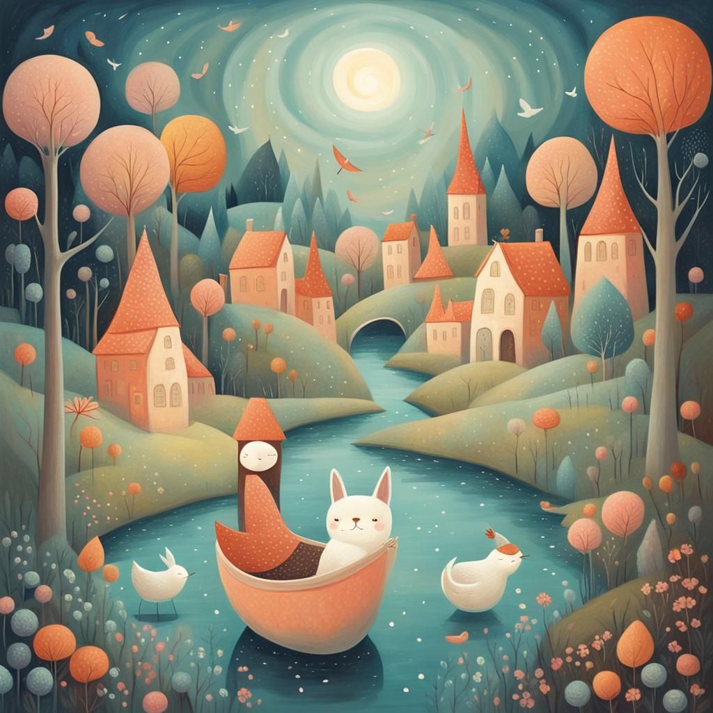 Whimsical Dreamscape Illustration in Storybook Style