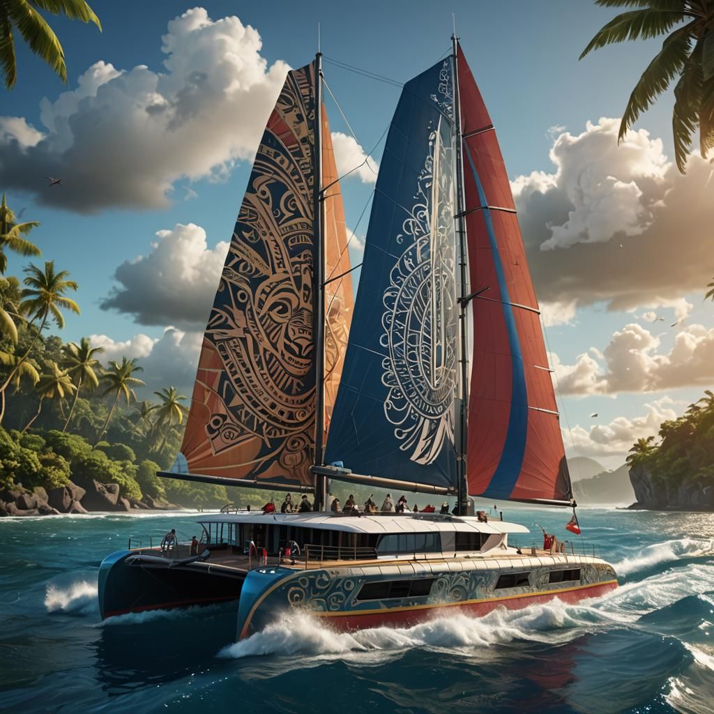 Polynesian Catamaran Tattooed Sails, Detailed Matte Painting
