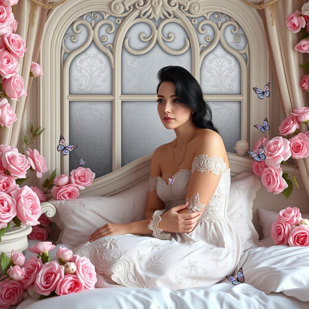 Whimsical Victorian Dreamscape with Frosted Window and Flora...