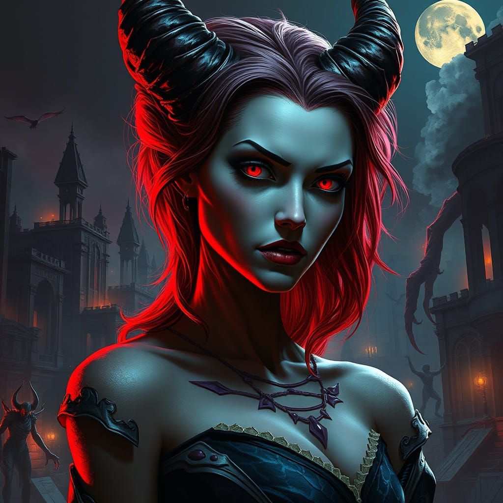 Hyperrealistic Demoness in a Dark, Ruined Cityscape