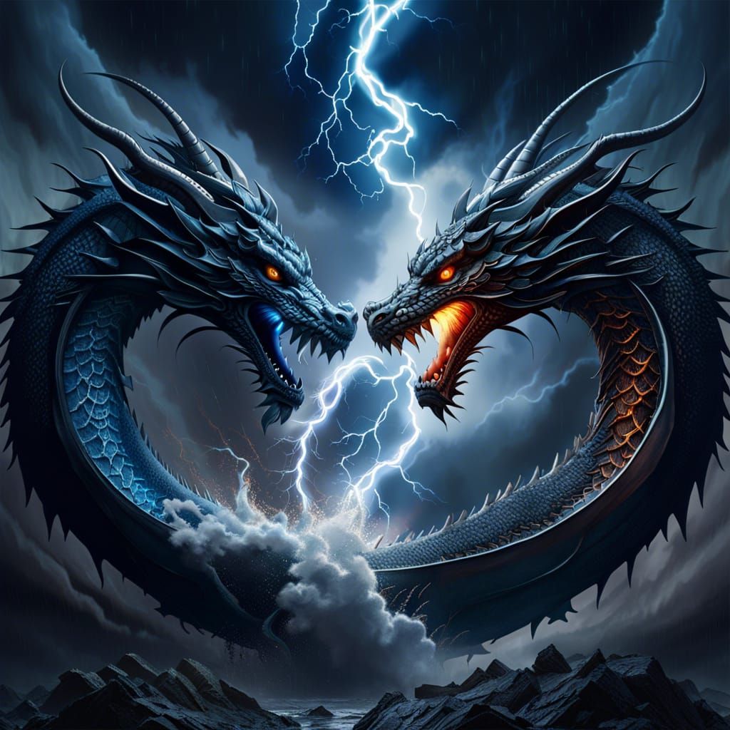 Yin and Yang Storm Dragons in Dark Fantasy Style