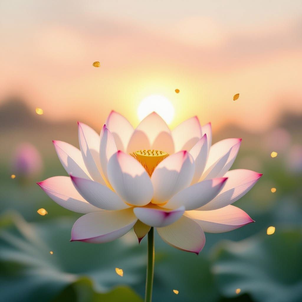 White Lotus at Ethereal Sunrise with Gold Flakes