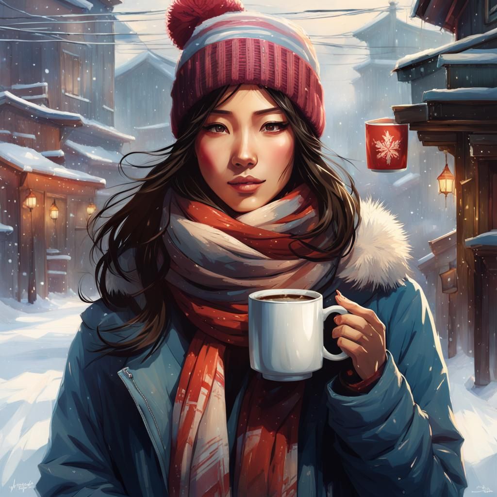 Cozy Winter Morning with Smiling Asian Girl