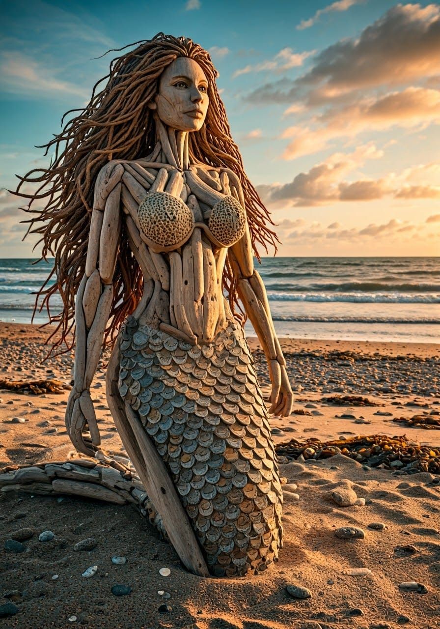 Driftwood Mermaid Sculpture on Weathered Beach