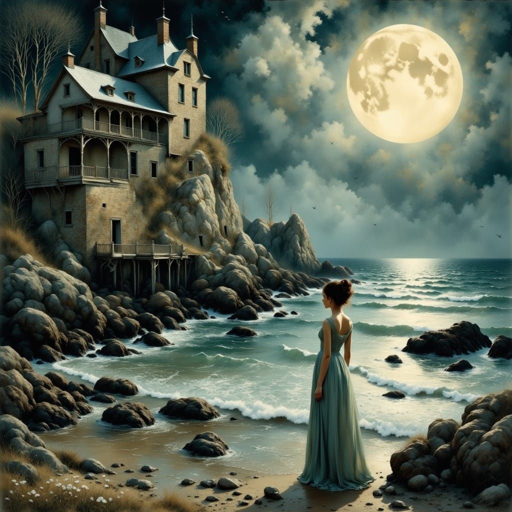 Eerie Woman Haunting the Sea in Stylized Watercolor