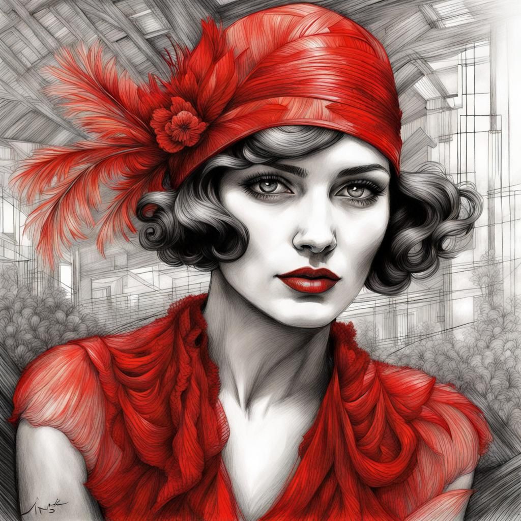 Flapper Woman in Red Dress Pencil Drawing